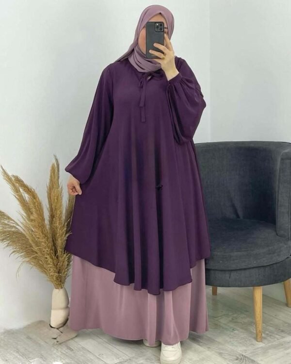طقم محجبات واسع 3 قطع – تونيك + تنورة + حجاب (ألوان ومقاسات متعددة). - Image 6