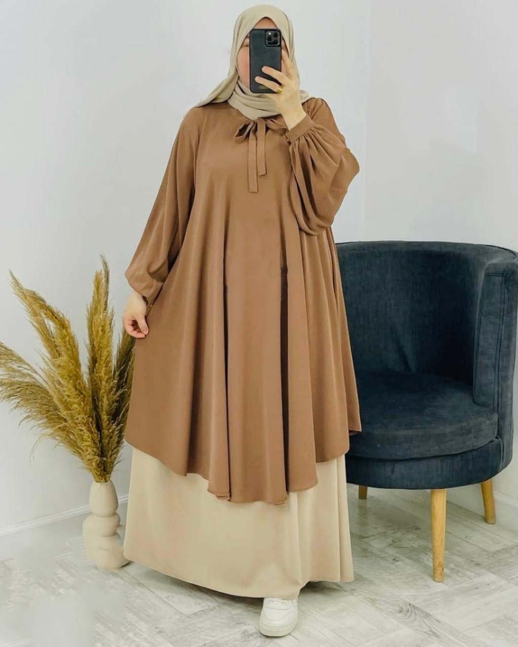 طقم محجبات واسع 3 قطع – تونيك + تنورة + حجاب (ألوان ومقاسات متعددة).
