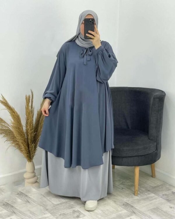 طقم محجبات واسع 3 قطع – تونيك + تنورة + حجاب (ألوان ومقاسات متعددة). - Image 4