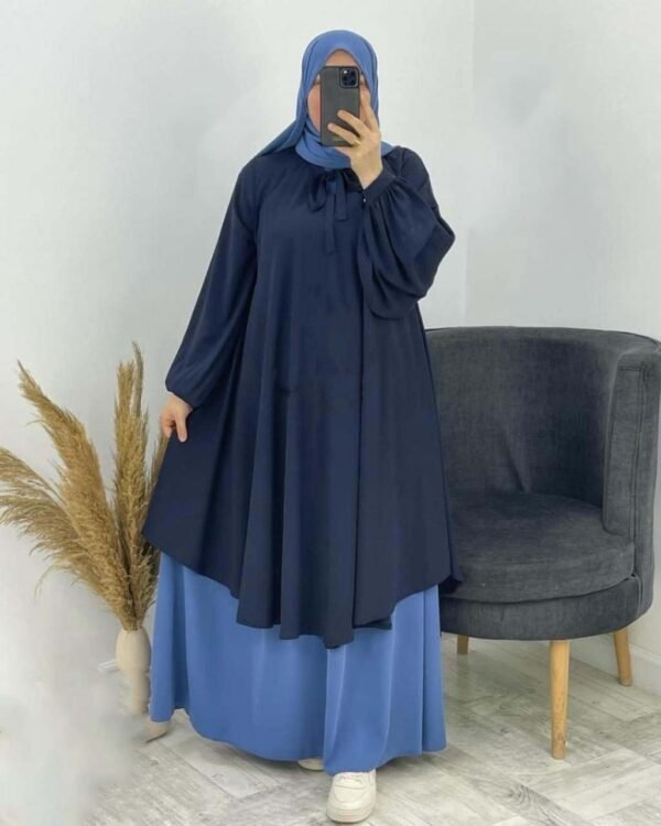 طقم محجبات واسع 3 قطع – تونيك + تنورة + حجاب (ألوان ومقاسات متعددة). - Image 2