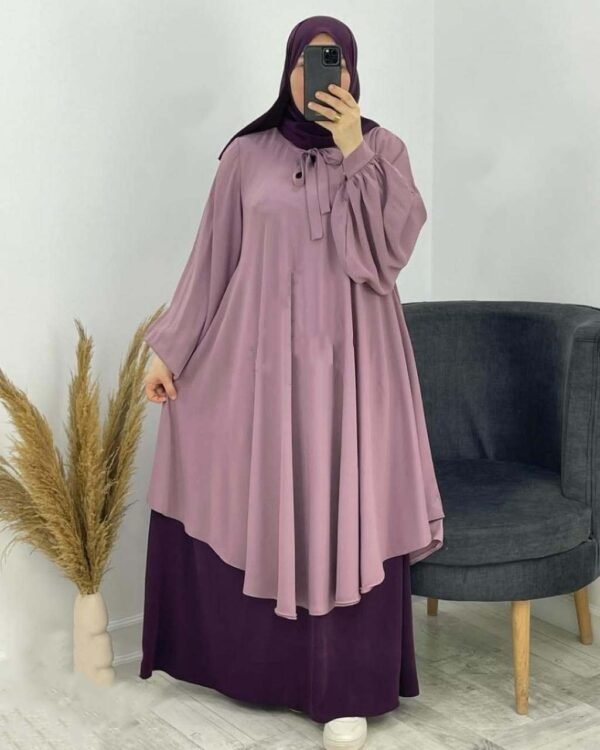 طقم محجبات واسع 3 قطع – تونيك + تنورة + حجاب (ألوان ومقاسات متعددة). - Image 3