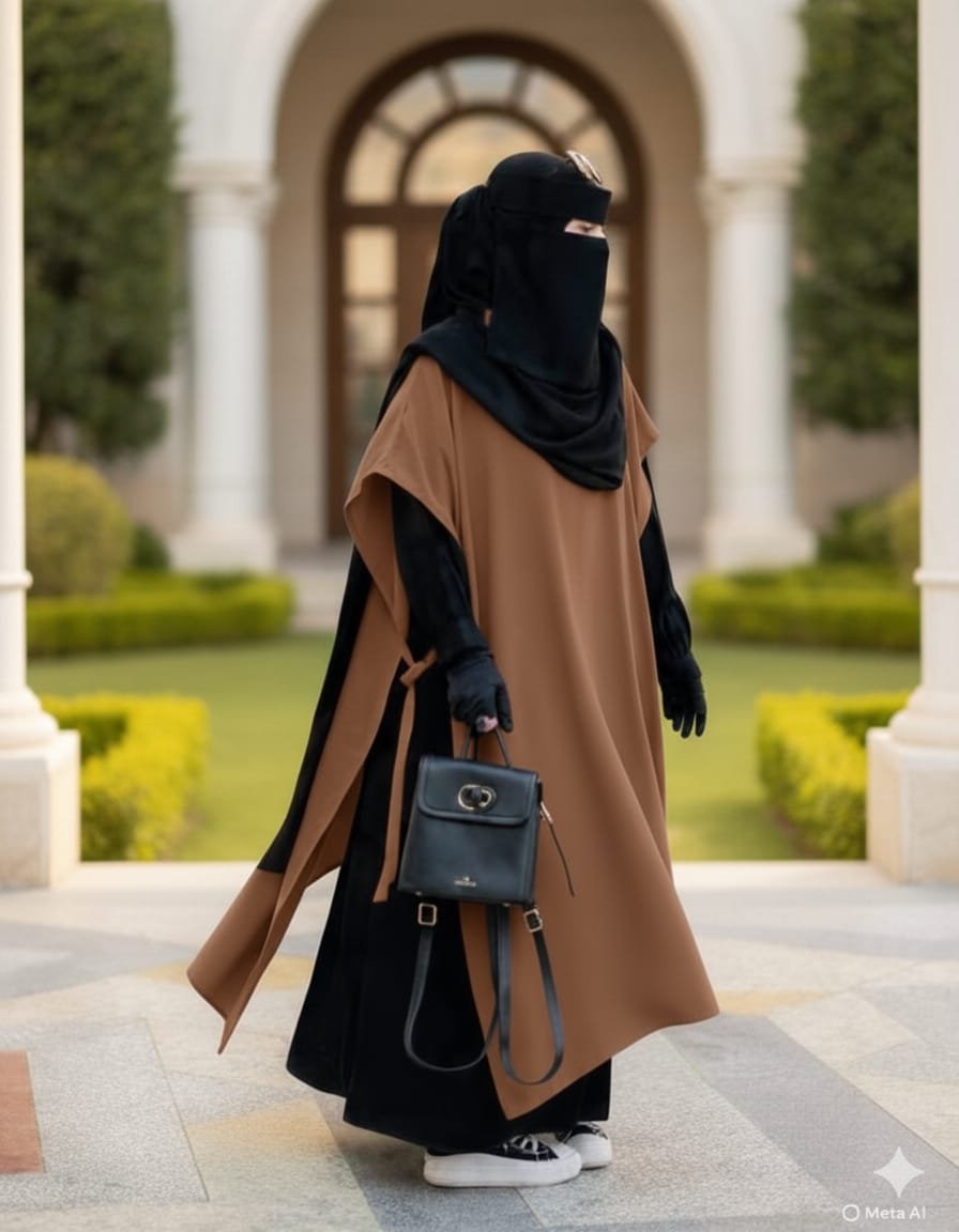 طقم عباءة كريب 5 قطع – عباية + نقاب + فولار + جيلي طويل + قفازات. - Image 5