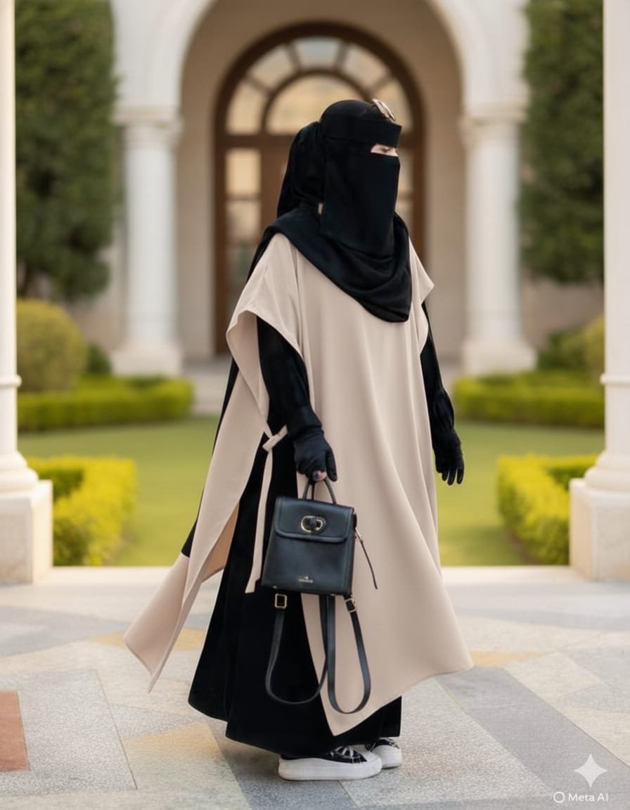 طقم عباءة كريب 5 قطع – عباية + نقاب + فولار + جيلي طويل + قفازات. - Image 6
